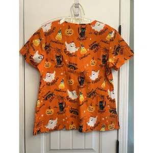 Scrubstar Womens L Halloween Print V-Neck Short Sleeve Scrub Top Cotton Orange thumbnail 3
