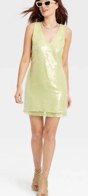 a new day Pale Lime Sequin V-Neck Mini Dress Party thumbnail 1
