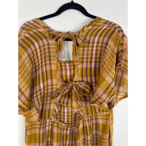 Anthropologie Yellow Pink Plaid Mini Dress Womens L Babydoll Boho Tie Back thumbnail 13