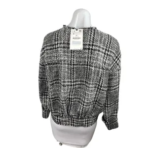 Zara Women's Black White Plaid Tweed Long Sleeve Crew Neck Coat Jacket Top S thumbnail 8