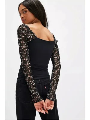 Free People Dainty Coquette Scoop Neck Josie Long Lace Sleeve Top Black Large thumbnail 13