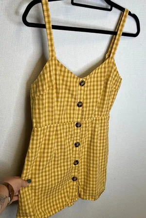 Superdown Yellow Plaid Button Front‎ Mini Dress Adjustable Straps Pockets Large thumbnail 1