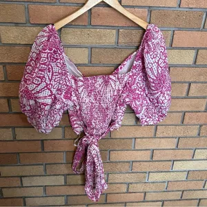 Maeve Anthropologie Tie-Back Printed Crop Top Floral Puff Sleeve Smocked Size L thumbnail 6