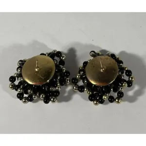 Black Gold Tone Lucite Bead Cluster Chunky Pierced Earrings‎ Vintage thumbnail 2