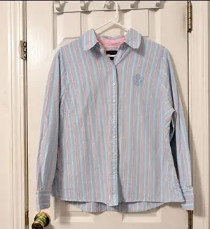 Tommy Hilfiger Women's Size 18 Blue Pink Striped Button Down Shirt Embroidered thumbnail 1