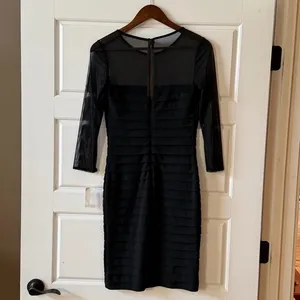 Tadashi Shoji Black Sheer Mesh Bodycon Midi Dress XS Illusion Sleeve Cocktail NWT thumbnail 5