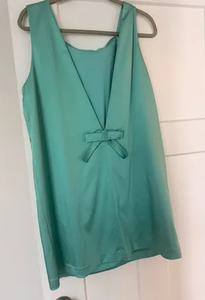 BHLDN Aqua/Teal Satin Bow-Back Mini Dress — Size Large thumbnail 3