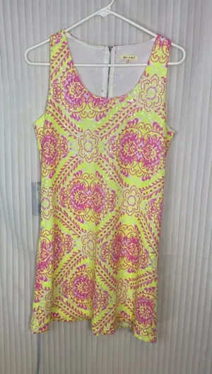Miami Dress Womens Medium Neon Yellow Pink Sequin Mini Dress Sleeveless thumbnail 1