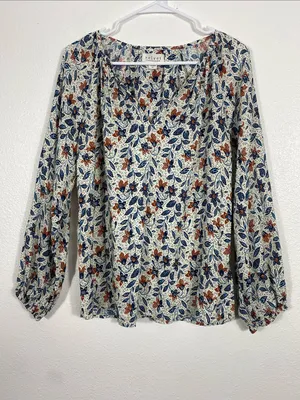 Velvet by Graham & Spencer White Floral V-Neck Blouse with Blue & Brown Accents thumbnail 3