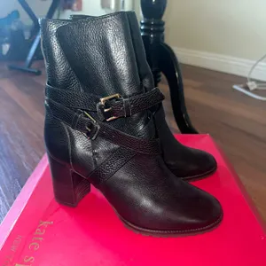 Kate spade Layne black leather chunky buckle stacked heel booties women size 8.5 thumbnail 8