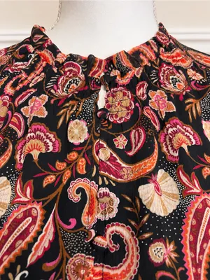 LOFT Paisley Ruffle Neck Long Sleeve Blouse Black Pink Boho Women’s Small thumbnail 3