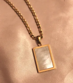 18k gold plated figaro chain with mother of pearl rectangle pendant thumbnail 1