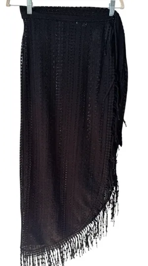ASOS Black Crochet Fringe Tie Asymmetrical Beach Cover Up Women’s Size 6 Sarong thumbnail 1