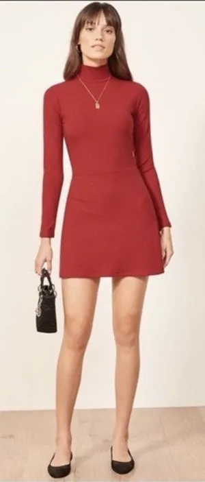 Reformation Jeans Maya Cherry Red Ribbed Turtleneck Mini Dress Long Sleeves XS thumbnail 1