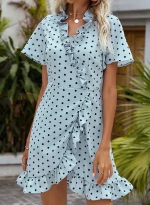 Blue and Black Ruffle Trim Wrap Detail Polka Dot Dress Medium thumbnail 1
