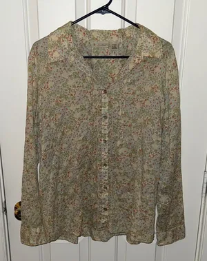 L.L. Bean Retro 70s Style Blouse Green Size XL thumbnail 1
