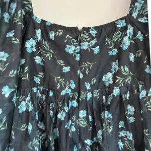 Lulus Black Blue Floral Puff Sleeve Square Neck Babydoll Mini Dress Medium‎ thumbnail 9