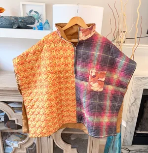 Urban Outfitters Quilted Mixed Print Poncho Womens Orange‎ Plaid OS thumbnail 1