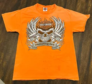 Harley Davidson Shirt Mens Medium Orange Short Sleeve Graphic Tee Biker Skull thumbnail 1