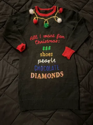Black Christmas Sweater Dress with Festive Pom-Poms and Multicolor Sequin Text thumbnail 1