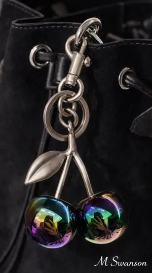 NEW Oil Slick Cherry Charm Keychain Brushed Silver Multicolor NWT thumbnail 1