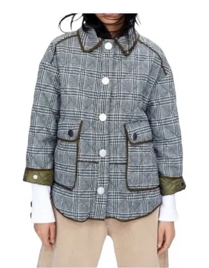 Zara Oversized Plaid Utility Coat Jacket Medium Green Gray Check thumbnail 1