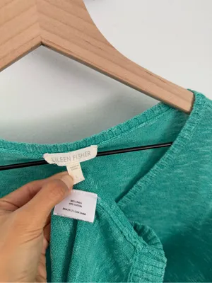Eileen Fisher Large Linen Short Sleeve Tee Teal V Neck Beach Tropical Relaxed thumbnail 2