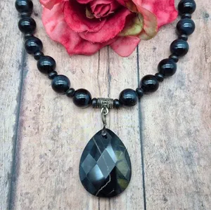 Black Glass Bead Collar Necklace Tigers Eye Faceted Teardrop Pendant Witchy Goth thumbnail 1
