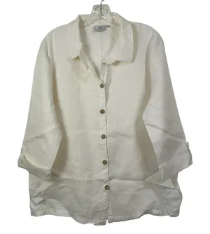 Hot Cotton by‎ Marc Ware White Linen Button Down 3/4 Roll Tab Sleeve Shirt M thumbnail 1