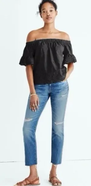 Madewell Eyelet Off-the-Shoulder Ruffled‎ Short Sleeve Top in Black Size Large thumbnail 1