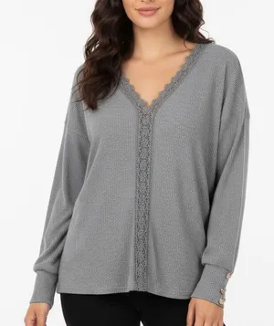 Gray Ribbed Long Sleeve Lace Trim V-Neck Button Cuff Casual‎ Top Women's L thumbnail 1