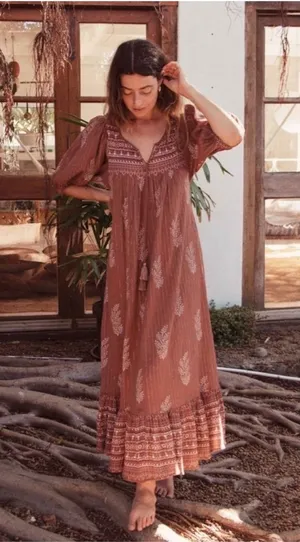 Daughters of India Mishka floral cocoa tassel metallic thread maxi dress boho thumbnail 1