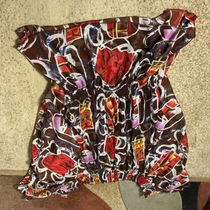 Gialily Abstract Graphic Smocked Waist Blouse Women L/XL Brown Silk Blend Peplum thumbnail 7