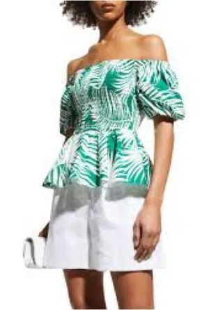 Milly Peplum Top Womens Large‎ Green White Palm Leaf Puff Sleeve Smocked thumbnail 1