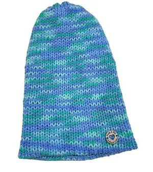 Handmade knit beanie hat blue and green double layered Adult size Women Soft thumbnail 1
