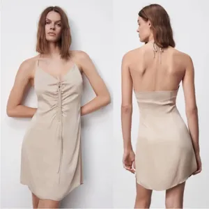 Zara Satin Ruched Beige‎ Halter Tie Shift Mini Slip Dress Size M NWT thumbnail 2