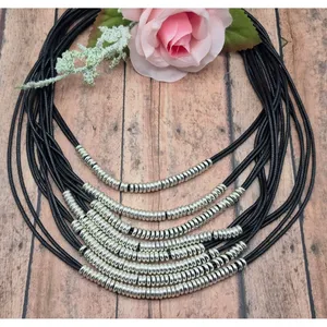 Black & Silver Tone Multi Cord Strand Statement Necklace 24" Long Collar thumbnail 1