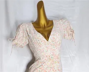 Kiss the Sky Pink/Green Puff Sleeve V-neck Mini Dress w/ Slit thumbnail 3