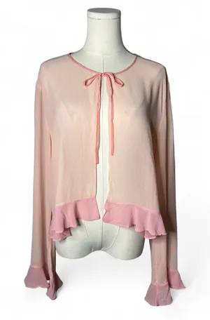Y2K Vintage Victorias Secret Pink 100% Silk Ruffle Trim Tie Front Cardigan Top thumbnail 1