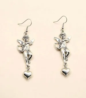 Pair of cupid, dangle drop earrings, heart, love, arrow, silver cherub, angel jewelry thumbnail 1