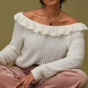Anthropologie Ivory White Ruffled Boat Neck Soft Wool Knit Sweater Size Medium thumbnail 1
