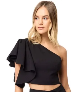 Elliatt Komodo One Shoulder Ruffle Sleeve Crop Top M Black Coquette Vampy Goth thumbnail 1