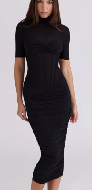 House of CB Women's Black Sorrel Corset Stretch Mesh Midi Dress thumbnail 1