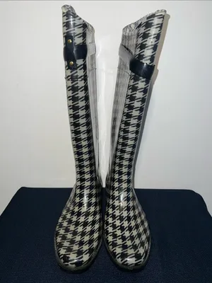 Lauren Ralph Lauren Black and White Houndstooth Knee-High Rain Boots Size 8B thumbnail 2