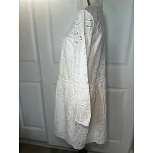LOFT White Eyelet Cotton Boho Dress Size M Long Sleeve‎ Lined Tiered Fit & Flare thumbnail 2