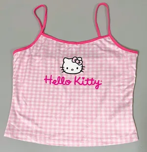 Hello Kitty Pastel Pink Plaid Checkered Graphic Tank Crop Top Cami Camisole Tee T-Shirt Size S 🎀✨ thumbnail 1