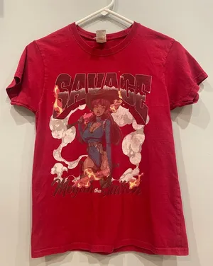 Gildan Red Graphic Tee with Blue & White Cowgirl Illustration Megan thee stallion thumbnail 1