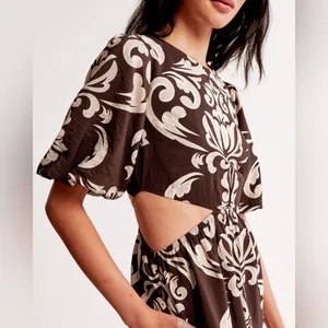 Abercrombie & Fitch Short Puff Sleeve Cutout Maxi Dress Brown Tan Floral Pattern thumbnail 2