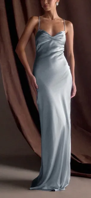 NWT Meshki Lilly Sweetheart Blue Satin Sleeveless Maxi Dress XXS in Frosted Blue thumbnail 1