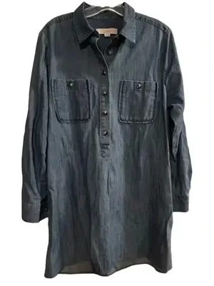 Ann Taylor LOFT Women's M Blue Denim Long Sleeve Tunic‎ Dress Short Side Pockets thumbnail 1